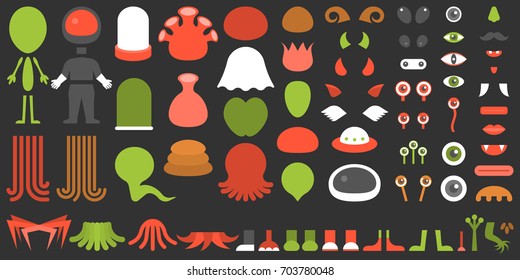 Monster and alien creation kit, suitable for children, Halloween, game application on smart phone, flat design vector