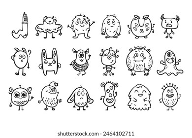 Monster alien doodle set, funny and cutes monster, hand drawn cartoon line monsters. Vector illustration