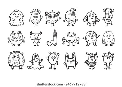 Monster alien doodle set, funny and cutes monster, hand drawn cartoon line monsters. Vector illustration