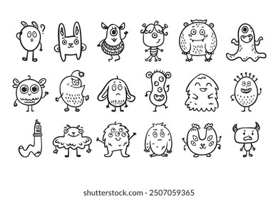 Monster alien doodle set, funny and cutes monster, hand drawn cartoon line monsters. Vector illustration