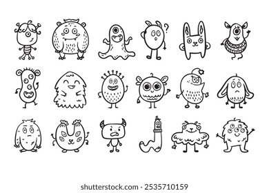 Monster alien doodle set, funny and cutes monster, hand drawn cartoon line monsters. Vector illustration