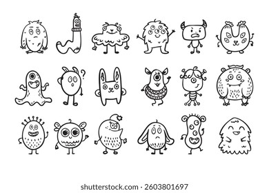Monster alien doodle set, funny and cutes monster, hand drawn cartoon line monsters. Vector illustration
