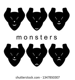 Monster alien with horns logo icon sign Devil face smile emoji emblem Cartoon children's style Abstract cute design Fashion print clothes apparel greeting invitation card cover flyer poster banner