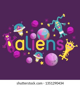 Monster alien poster, banner vector illustration. Cartoon monstrous character, cute alienated creature or funny gremlin on halloween for kids. Spacecraft in cosmos among stars.