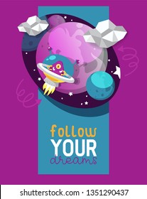 Monster alien poster, banner vector illustration. Cartoon monstrous character, cute alienated creature or funny gremlin on halloween for kids. Spacecraft in cosmos among stars.