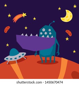 Monster alien poster, banner vector illustration. Cartoon monstrous character, cute alienated creature or funny gremlin on halloween for kids. Spacecraft in cosmos among stars.