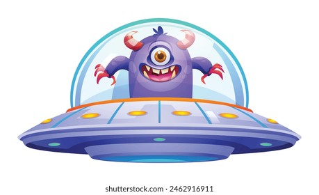Monster alien riding spaceship ufo. Vector cartoon illustration isolated on white background