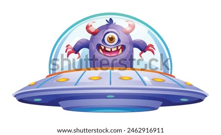 Monster alien riding spaceship ufo. Vector cartoon illustration isolated on white background
