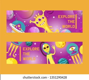 Monster alien set of banners vector illustration. Cartoon monstrous character, cute alienated creature or funny gremlin on halloween for kids. Spacecraft in cosmos among stars.