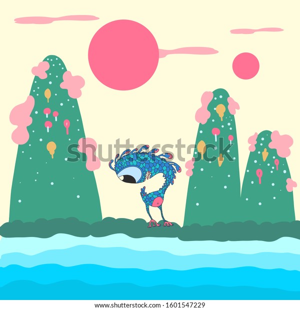 monster aliens\
in another planet vector illustration. mountains two suns and the\
sea the birthplace of the\
monster