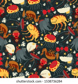 Monster aliens seamless pattern vector illustration. Cartoon monstrous character, alienated creature with many legs, tail. Funny gremlin on halloween for kids party. Eggs of humanoids.