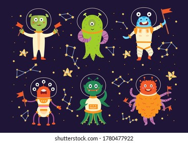 Monster Aliens In Space Suits. Cartoon Characters Of Alienated Creature In White Outfit