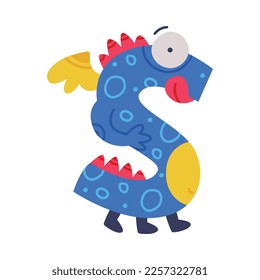 Monster Alphabet with Blue Capital Letter S with Bulging Eyes and Wing Vector Illustration