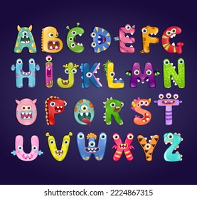 Monster alphabet with capital letters on dark blue background. Colourful ABC of different cute monsters 