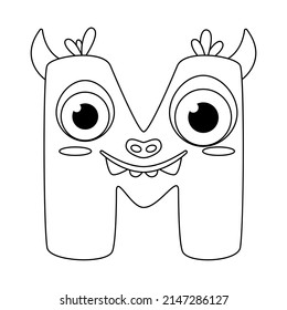 Monster alphabet coloring page book. Coloring page english alphabet for children with funny and sad monsters. Funny alphabet of cartoon characters vector font letters of comic monster creature faces