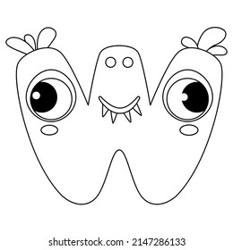 Monster alphabet coloring page book. Coloring page english alphabet for children with funny and sad monsters. Funny alphabet of cartoon characters vector font letters of comic monster creature faces