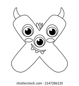 Monster alphabet coloring page book. Coloring page english alphabet for children with funny and sad monsters. Funny alphabet of cartoon characters vector font letters of comic monster creature faces