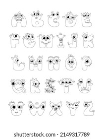 Monster alphabet coloring page book. Coloring page english alphabet for children with funny and sad monsters. Funny alphabet of cartoon characters vector font letters of comic monster creature faces