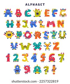 Monster Alphabet with Cute Abc Capital Letters and Numbers Vector Set