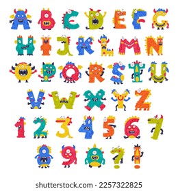 Monster Alphabet with Cute Abc Capital Letters and Numbers Vector Set