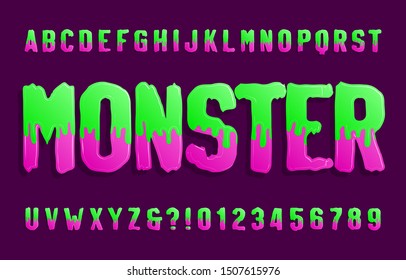 Monster alphabet font. Hand drawn slime letters and numbers. Vector typography for your design.