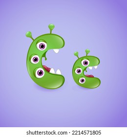 Monster alphabet letter C on purple background. Colourful ABC of cute monsters 