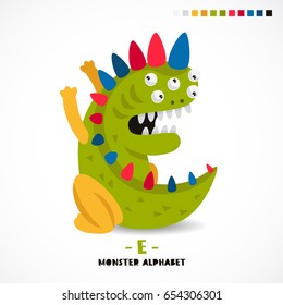 Monster alphabet. Letter E. Strange animal. Vector illustration on white background. Great children's print. The concept of a kid's toy.