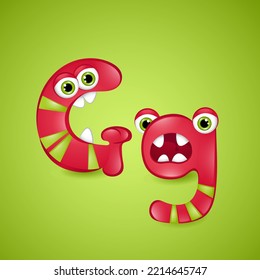 Monster alphabet letter G on blue background. Colourful ABC of cute monsters 