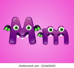 Monster alphabet letter M on pink background. Colourful ABC of cute monsters 