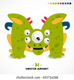 Monster alphabet. Letter M. A strange animal. Vector illustration on white background. Great children's print. The concept of a kid's toy.
