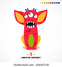 Monster alphabet. Letter T. A strange animal. Vector illustration on white background. Great children's print. The concept of a kid's toy.
