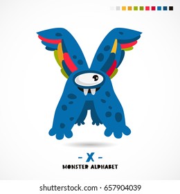 Monster alphabet. Letter X. A strange animal. Vector illustration on white background. Great children's print. The concept of a kid's toy.