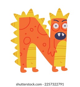 Monster Alphabet with Orange Capital Letter N with Bulging Eyes Vector Illustration