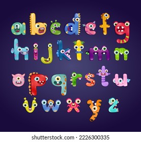 Monster alphabet with small letters on dark blue background. Colourful ABC of different cute monsters 