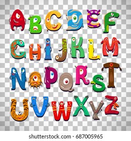 Monster alphabet, vector funny monster characters abc vector isolated on transparent background