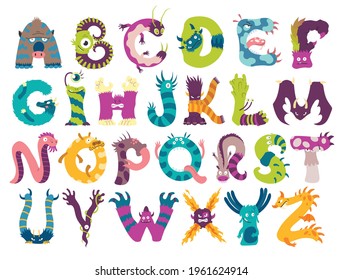 Monster alphabet from A to Z. Letters of english alphabet shaped as monsters. Children colorful cartoon funny fictional characters abc, isolated on white background