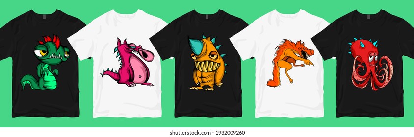 Monster animal cartoon t shirt design bundle. Trendy t-shirt design. Funny and scary Animals cartoon vector illustration