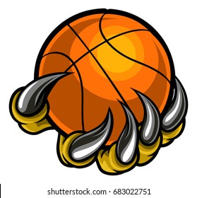 A monster or animal claw or hand with talons holding a basketball ball 