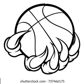 A monster or animal claw or hand with talons holding a basketball ball 