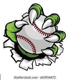 A monster or animal claw holding a baseball ball and breaking through the background