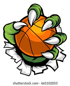 A monster or animal claw holding a basketball ball and breaking through the background