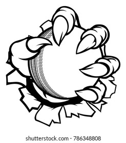 A monster or animal claw holding a cricket ball and breaking through the background