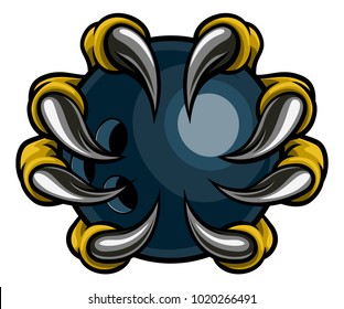 A monster or animal claw holding a ten pin bowling ball 