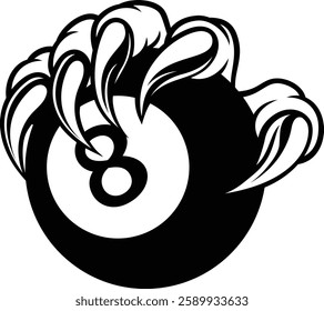 A monster or animal claw or talon hand with claws or talons holding a pool billiards black 8 ball. 