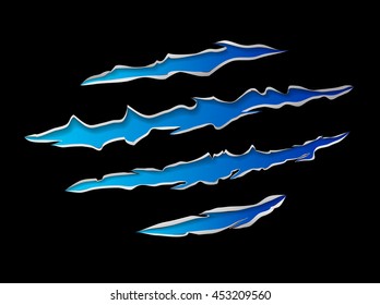 Monster Or Animal Claws Damage Metal Torn Blue On Black Background, Vector Illustration