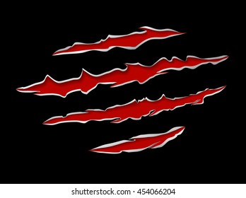 Monster Or Animal Claws Damage Metal Torn On Black Background, Vector Illustration