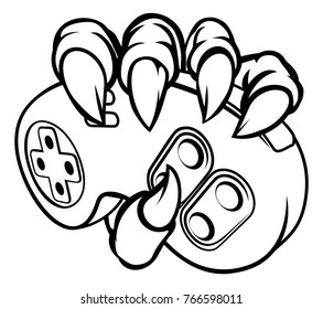 Monster or animal hand or claws holding a video games controller 