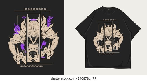 diseño de impresión de camisetas de monstruo y anime, gráfico del vector de criatura para la impresión de camisetas, ilustración japonesa para ropa y ropa