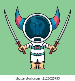 Monster astronaut wearing two katana, cute cartoon icon illustration