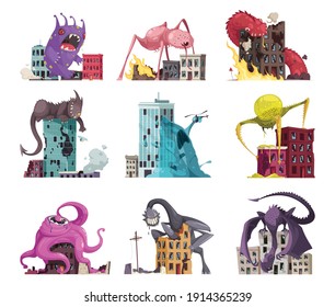 Monster attacking icon set different scary monsters they hunt villagers and climb buildings vector illustration